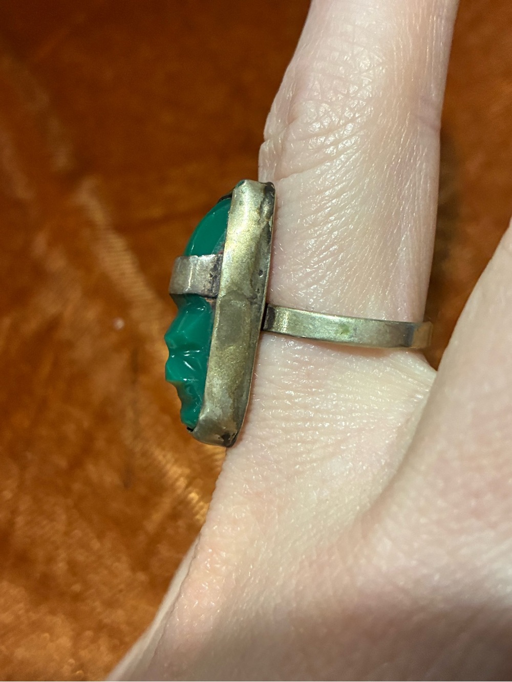 Vintage Alpaca Mexico Green Glass Abstract Face Ring - Picture 2 of 8